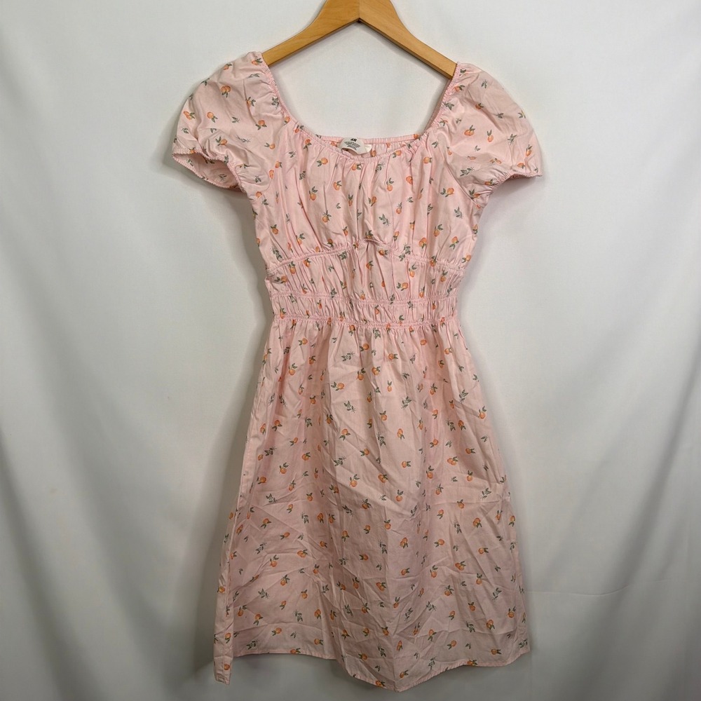 HM Girls Pink Peach Print Puff Sleeve Cotton Dress Size 18 Smocked Waist - Picture 7 of 8